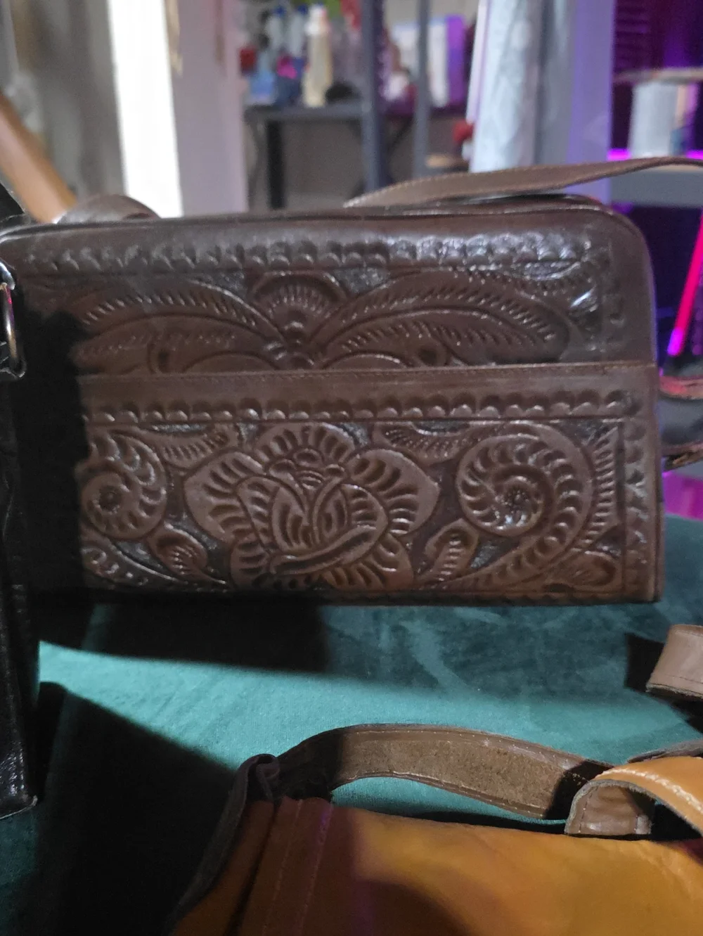 Lot Of Hand-Tooled Leather Messenger Bag - Black